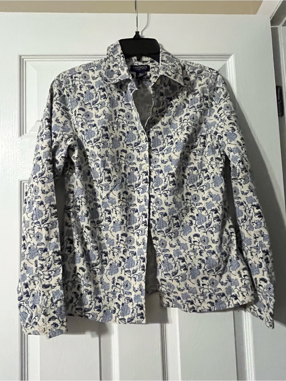 Ann Taylor White Shirt with Blue Floral Print